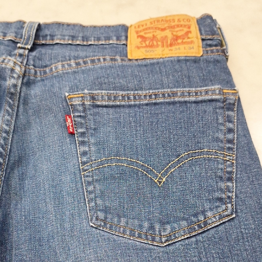 Levi's Mens 505 Blue Denim Jeans Sz 34 X 34 Classic Straight Leg Style Dark Wash